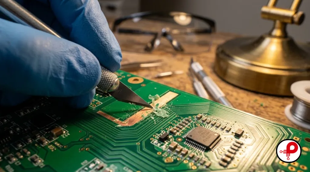 Removing a DIY PCB solder mask coating carefully with a blade to expose copper underneath