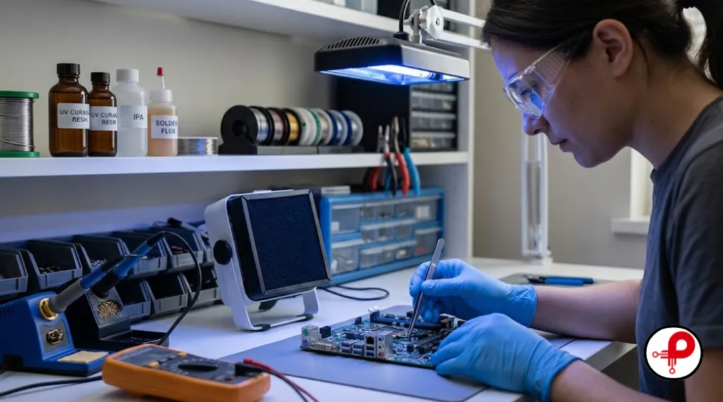 Safe workspace setup for applying a DIY PCB solder mask with proper ventilation and gear