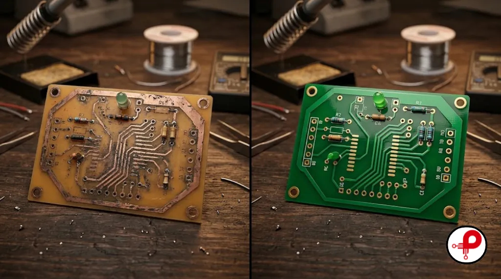 Comparison photo showing why a DIY PCB solder mask protects copper traces from oxidation
