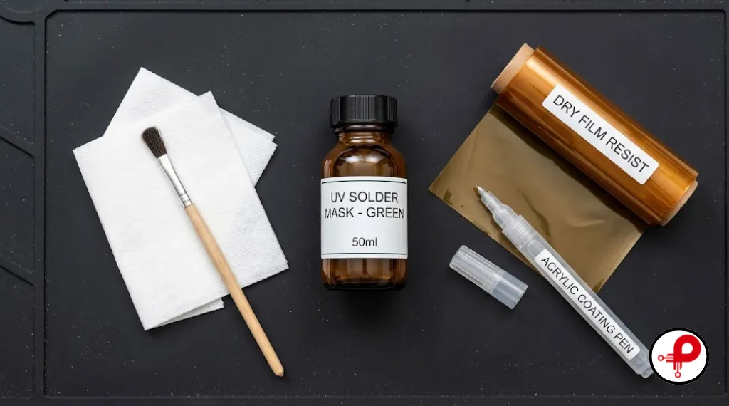 Flat lay of materials used for a DIY PCB solder mask including paint, dry film, and pens