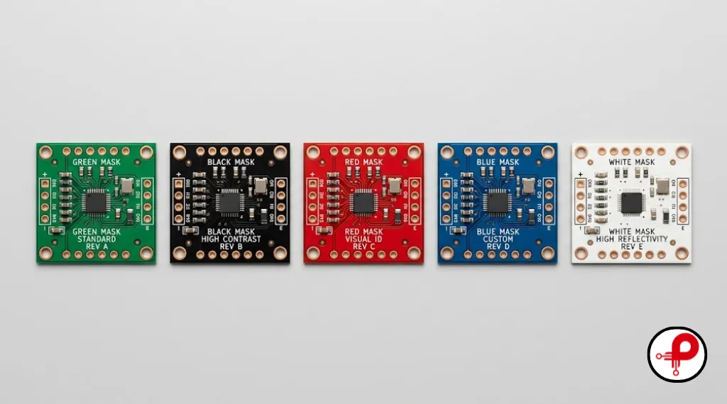 Photo comparing DIY PCB solder mask color options including green, black, red, blue, and white