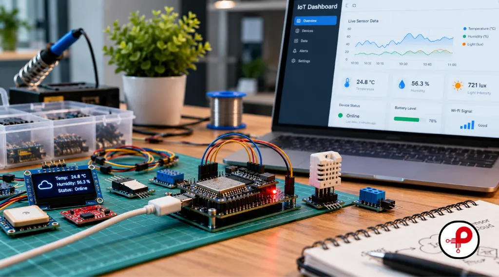 IoT prototyping setup with a microcontroller, sensor modules, and a connected-device development dashboard