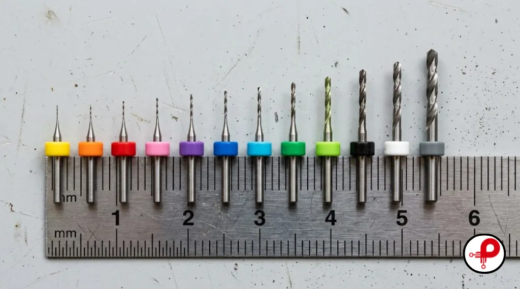 PCB drill sizes mm chart concept with micro drill bits arranged by diameter