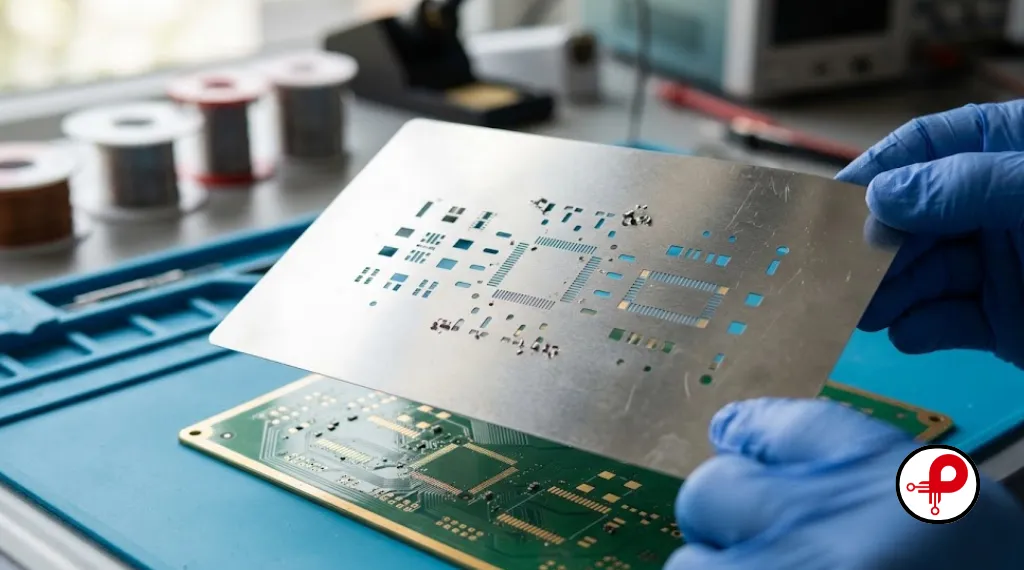 What is a PCB stencil: a solder paste stencil held above its matching circuit board