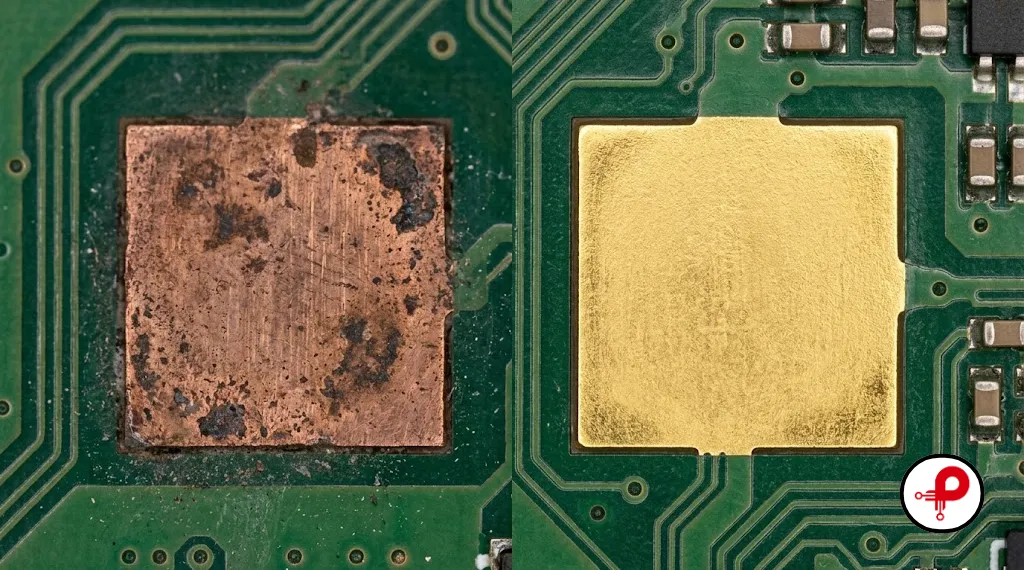 PCB surface finish types protect copper pads from oxidation as shown on a bare and a finished pad