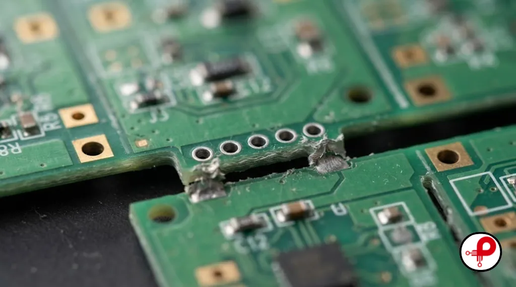 Close up of PCB panelization mouse bites showing the perforated hole tab