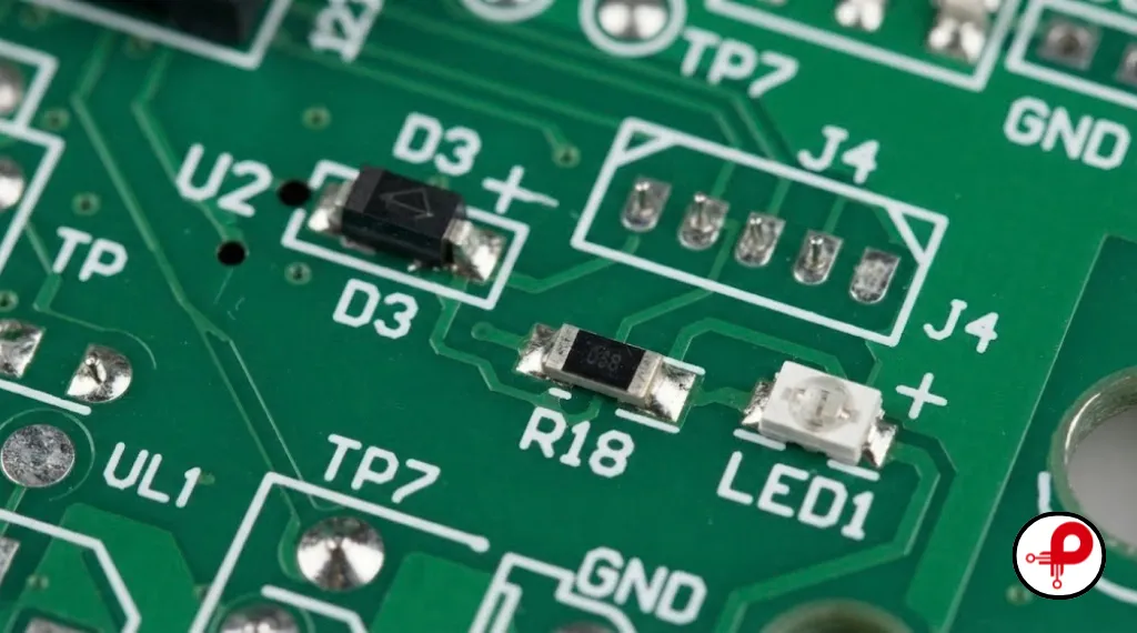White silkscreen labels and polarity marks on a populated PCB, showing the silkscreen side of pcb silkscreen vs solder mask