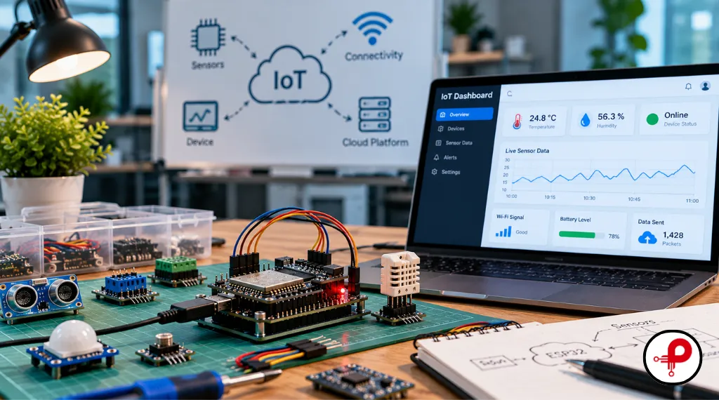 IoT prototyping setup with connected sensors, a microcontroller, and a dashboard displaying device performance