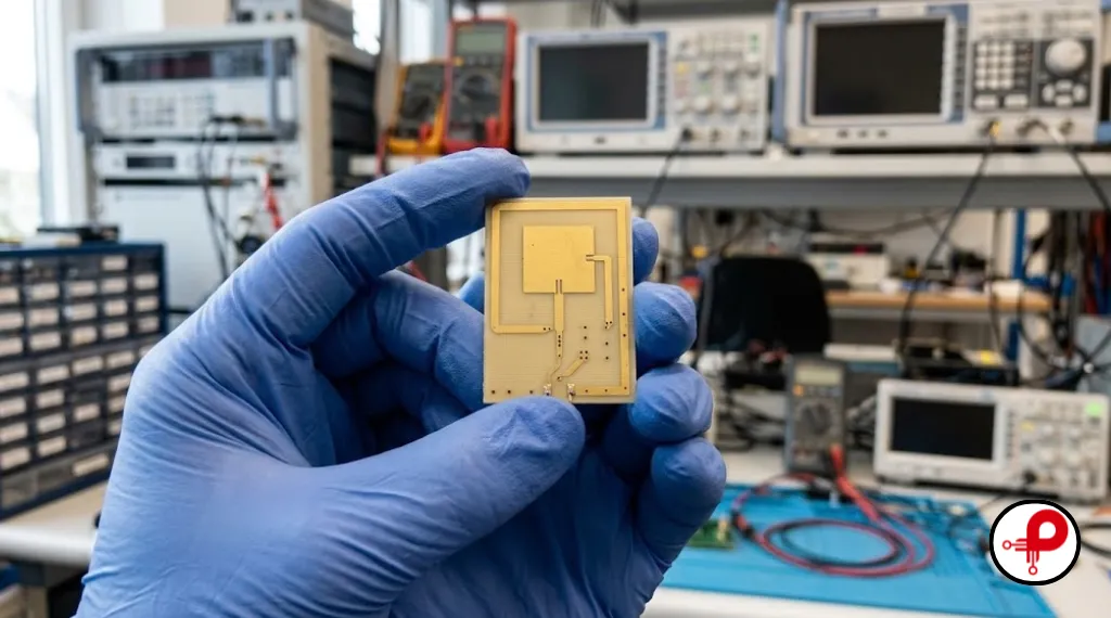What is a Rogers PCB: a bare high frequency board with a patch antenna held in a gloved hand