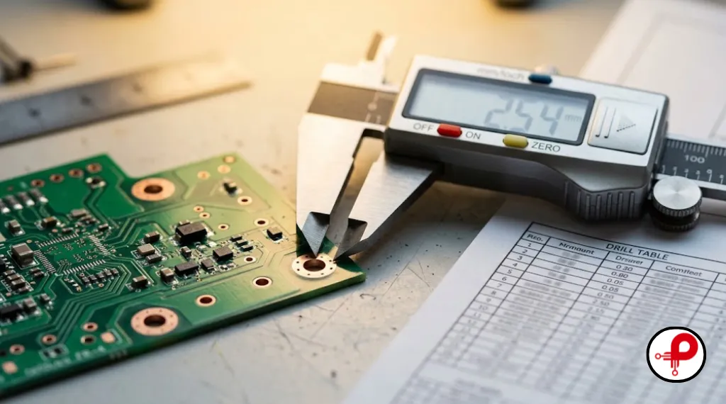 Reading PCB drill sizes mm by measuring a plated hole with a digital caliper
