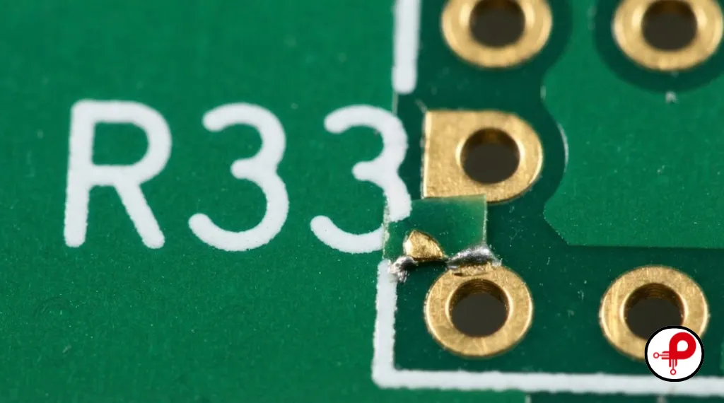 Macro of silkscreen clipped at a solder mask opening, showing how pcb silkscreen vs solder mask layers interact