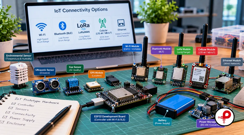 IoT prototype hardware showing a microcontroller, sensors, Wi-Fi, Bluetooth, LoRa, cellular modules, and power components