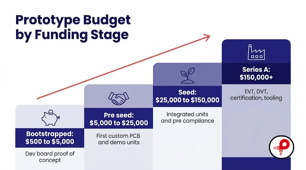 Prototype cost for startups by funding stage from bootstrapped to Series A