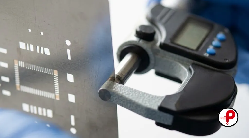 PCB stencil thickness measured with a micrometer for fine pitch components