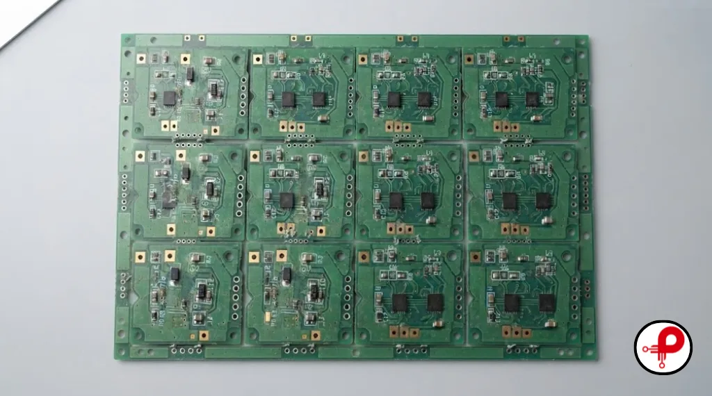 PCB panel array with mouse bites distributed around multiple board edges