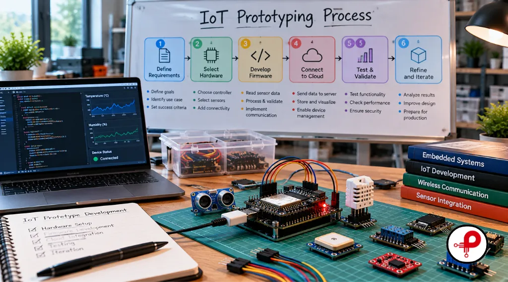 IoT prototyping process showing hardware selection, firmware development, cloud connection, testing, and design refinement