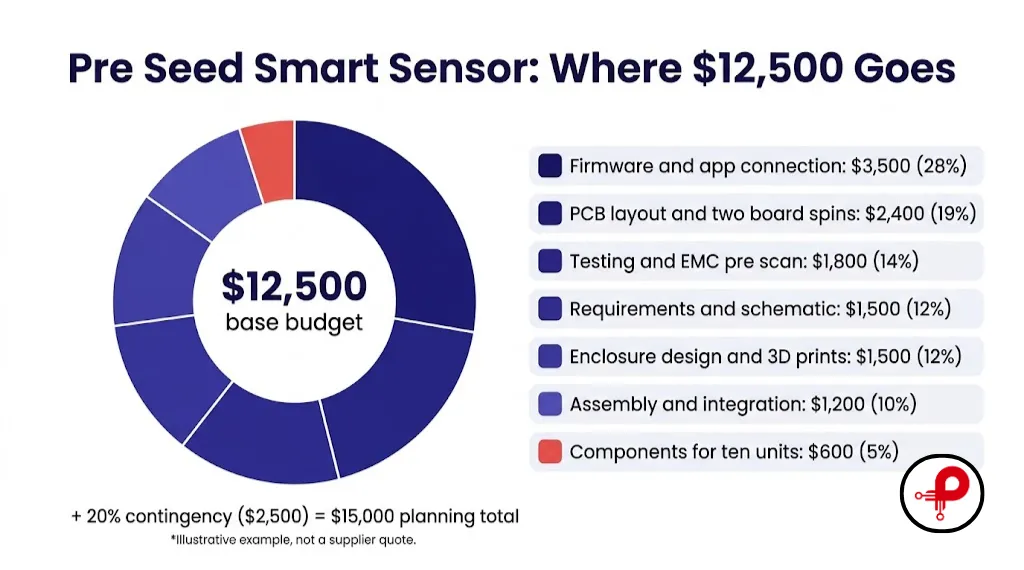 Prototype cost for startups budget breakdown donut chart for a smart sensor