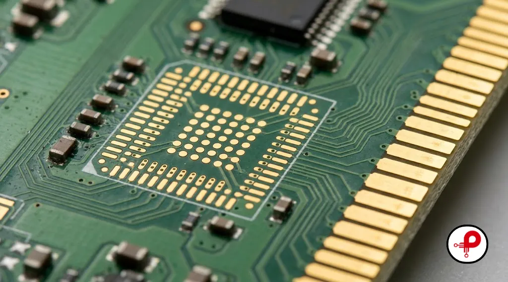 PCB surface finish types ENIG gold pads on a fine pitch BGA footprint and hard gold edge fingers