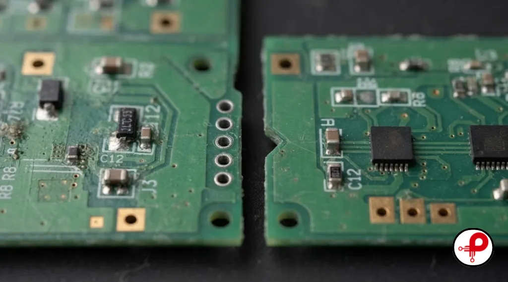 PCB panelization mouse bites compared side by side with a v scored edge
