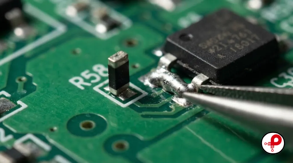 Tombstoned chip and solder bridge on a PCB, common failures linked to pcb silkscreen vs solder mask mistakes