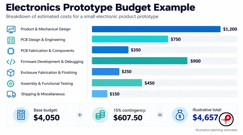 Illustrative electronics prototype budget with engineering, PCB, firmware, assembly, and contingency costs
