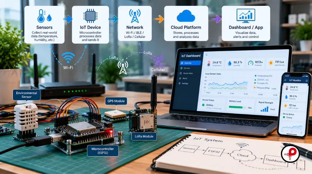IoT device-to-cloud architecture showing sensors, a microcontroller, wireless network, cloud platform, and monitoring dashboard