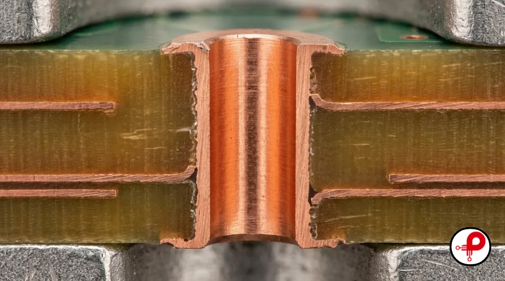 PCB drill sizes mm showing drill tool size versus finished plated hole size in a cross section