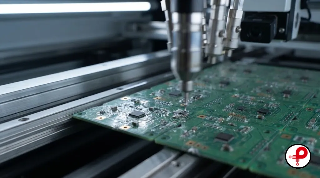 PCB panel with mouse bites moving through SMT pick and place assembly