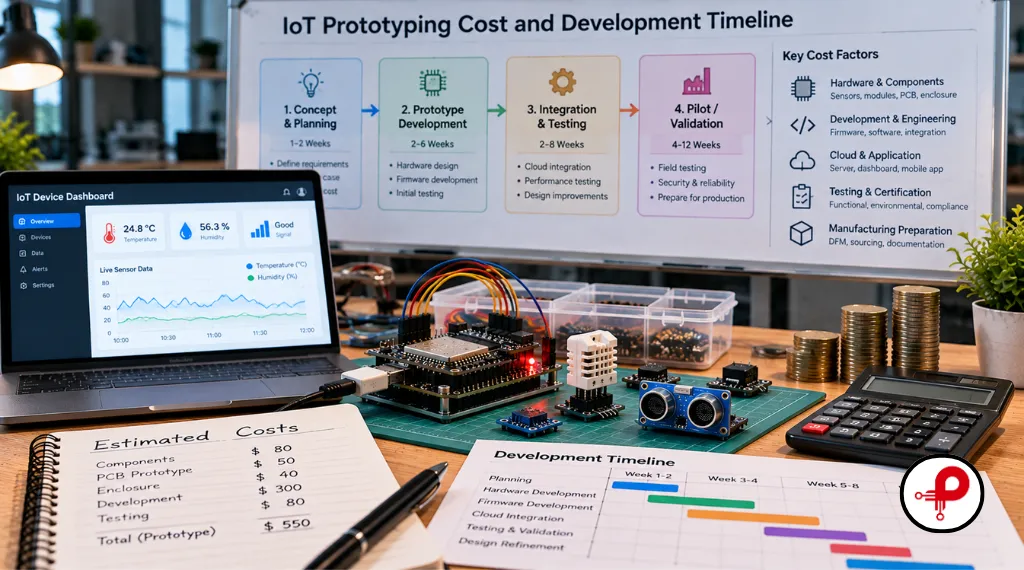 IoT prototyping cost and development timeline showing hardware components, engineering, integration, testing, and production preparation