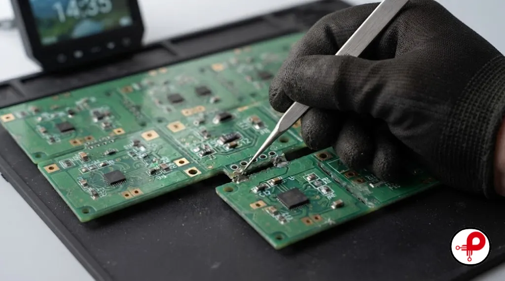 Engineer pointing to correct placement of PCB panelization mouse bites