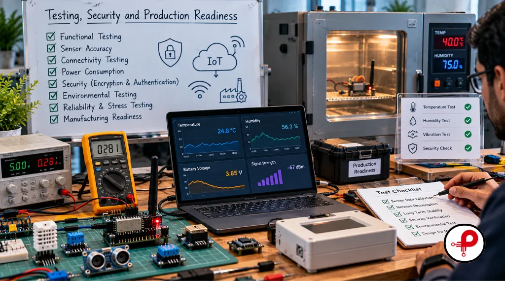 IoT prototype testing with sensor validation, connectivity monitoring, power measurements, security checks, and environmental testing