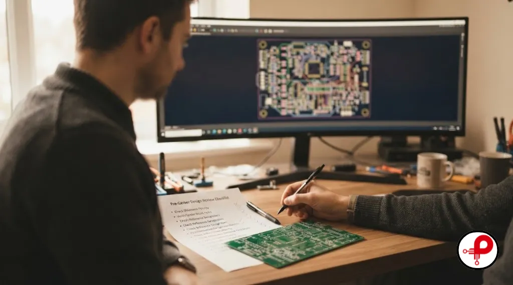 Engineer reviewing a PCB layout and checklist before export, applying pcb silkscreen vs solder mask rules