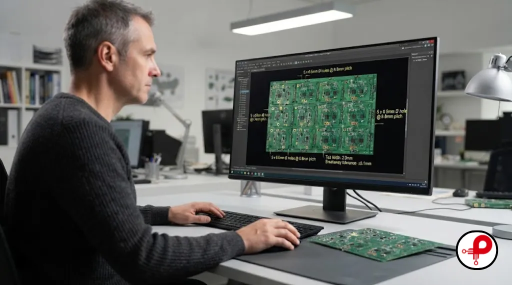 Fabrication drawing specifying PCB panelization mouse bites dimensions