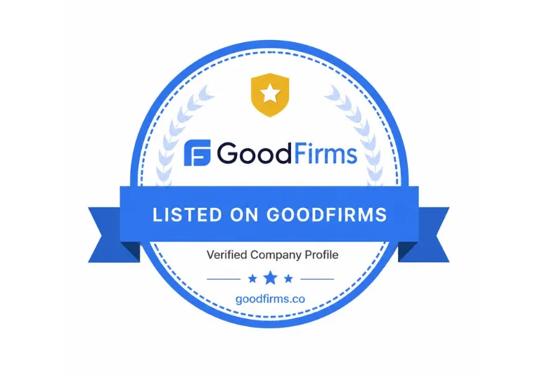 A blue circular verification badge featuring the GoodFirms logo, a gold star icon, and the text "LISTED ON GOODFIRMS - Verified Company Profile."