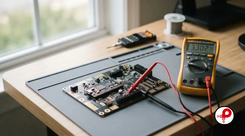 Hardware startups workbench with circuit board and multimeter showing the reality check founders face