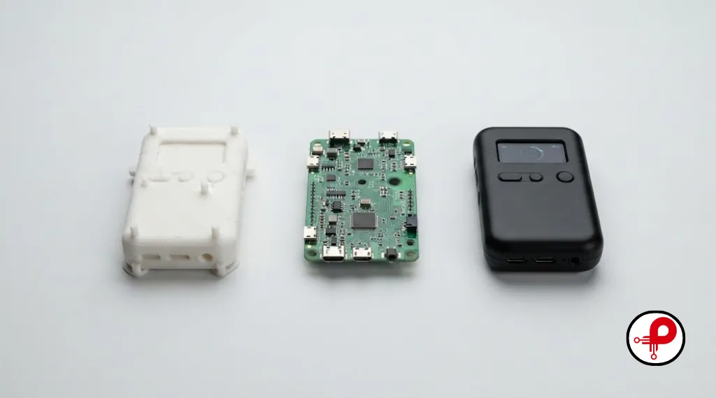 Hardware startups product development process shown through prototype, PCB, and finished enclosure stages