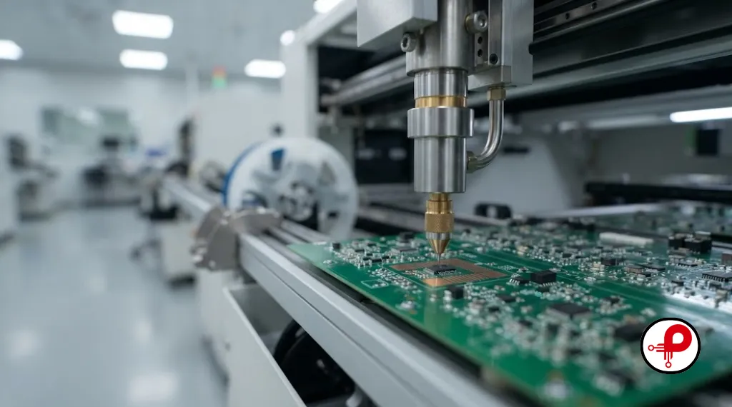 Pick and place manufacturing line assembling a PCB for hardware startups choosing a manufacturing partner