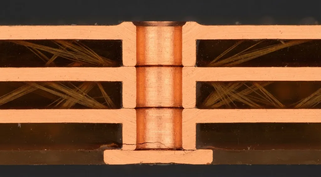 HDI PCB design microvia reliability failure showing a cracked stacked microvia at the target pad interface