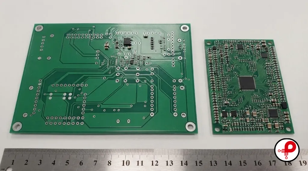 HDI PCB design compared with a standard PCB, showing the smaller size and higher component density of a high-density interconnect board