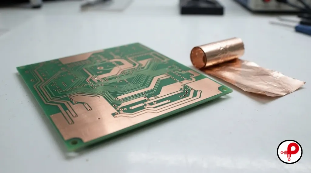 What is PCB copper thickness: copper traces and planes on a bare circuit board next to raw copper foil