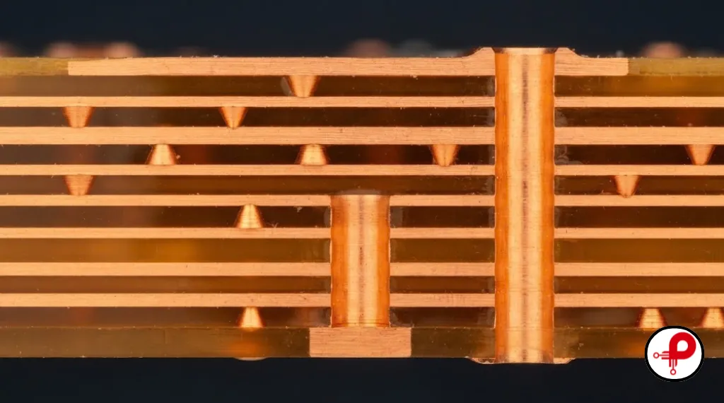 HDI PCB design cross-section showing laser-drilled microvias, blind vias and a buried via between copper layers