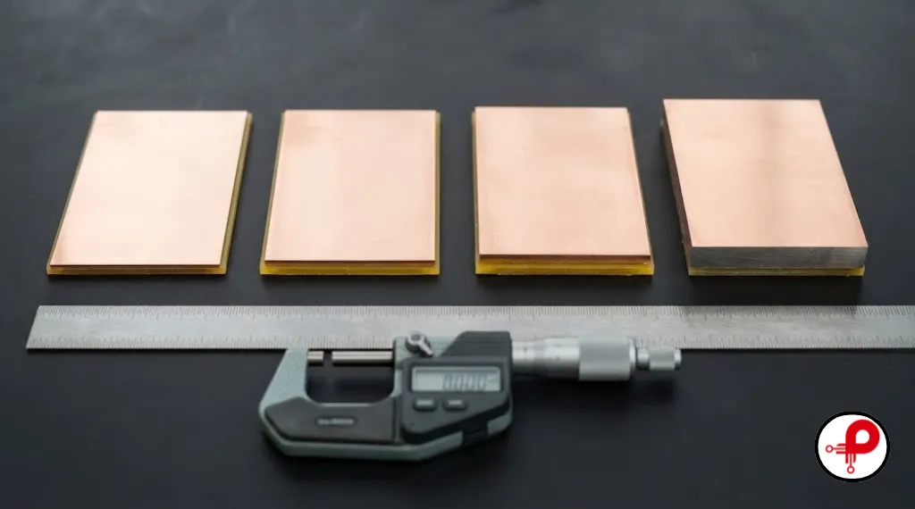 PCB copper thickness chart concept showing copper clad laminate samples from 0.5 oz to 3 oz with a micrometer