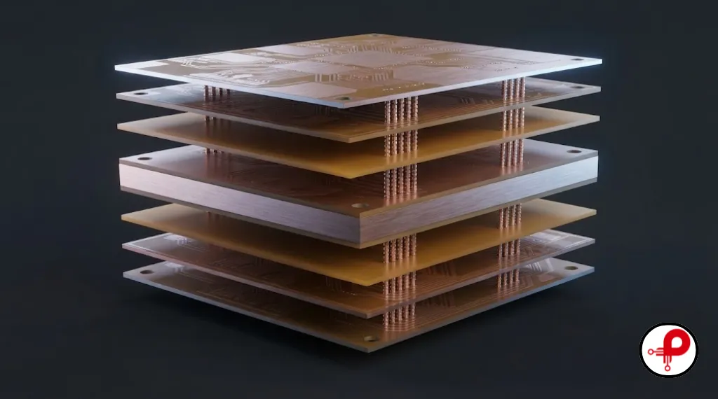 HDI PCB design stack-up exploded view showing core and sequential build-up layers in a 2+N+2 structure