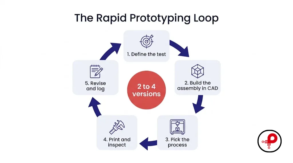 Rapid prototyping 3D printing workflow from defining the test to revising the CAD