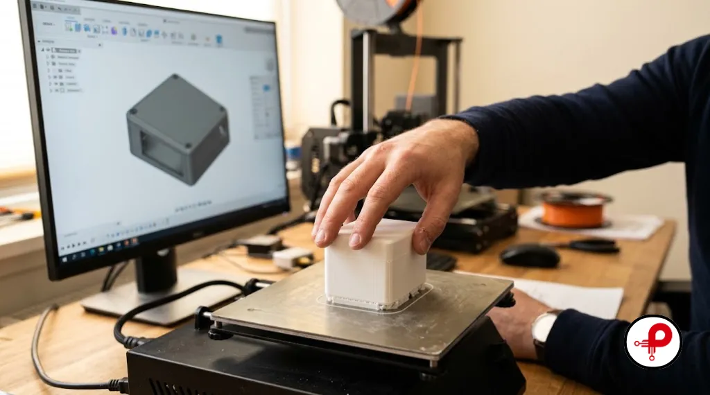 Rapid prototyping 3D printing turning a CAD enclosure model into a printed part
