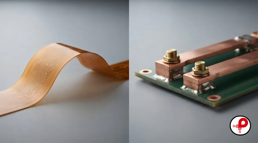 Flex and heavy PCB copper thickness compared on a bent polyimide flex circuit and a heavy copper power board