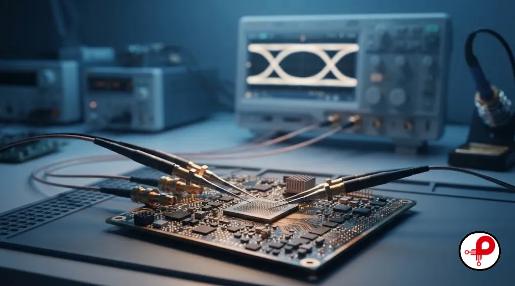 HDI PCB design signal integrity testing with an oscilloscope measuring high-speed signals on a high-density interconnect board