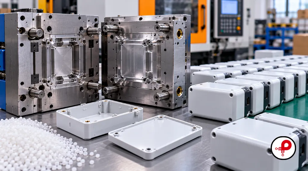 Prototype cost vs production cost break-even example featuring injection mould tooling and finished plastic components.